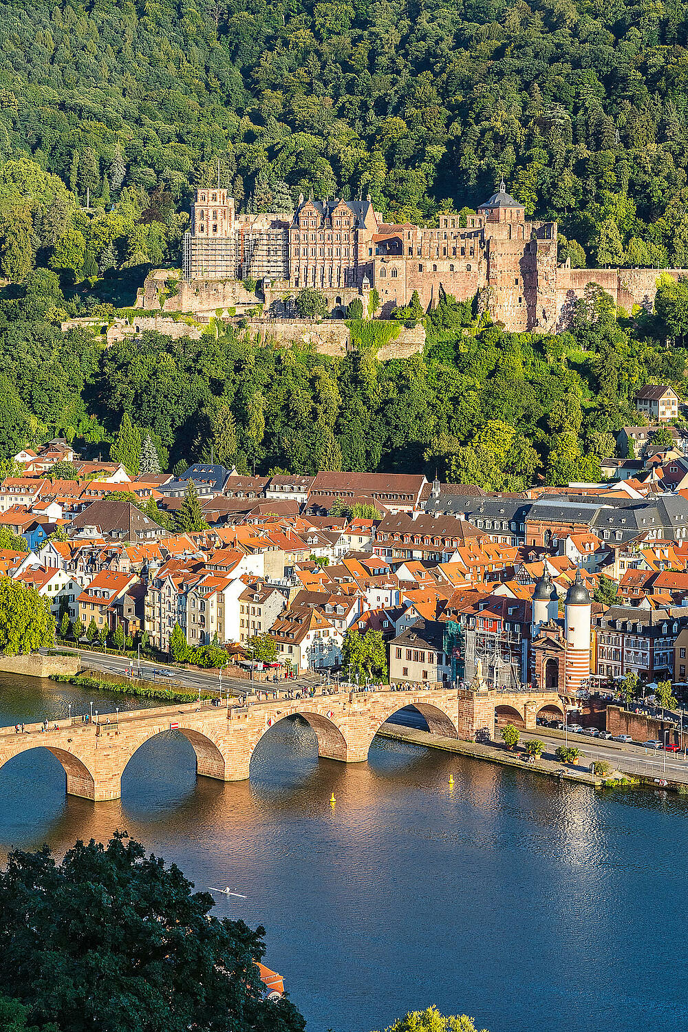 Heidelberger Schloss mit historischer Brücke und Altstadt davor