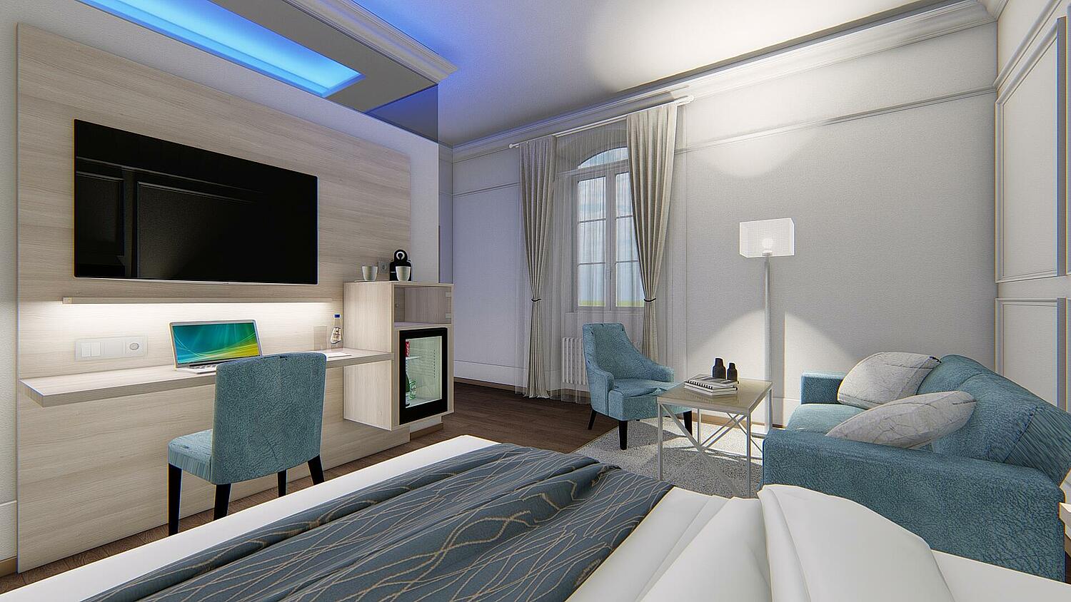 Modernes Hotelzimmer mit großen TV mitten im Zimmer