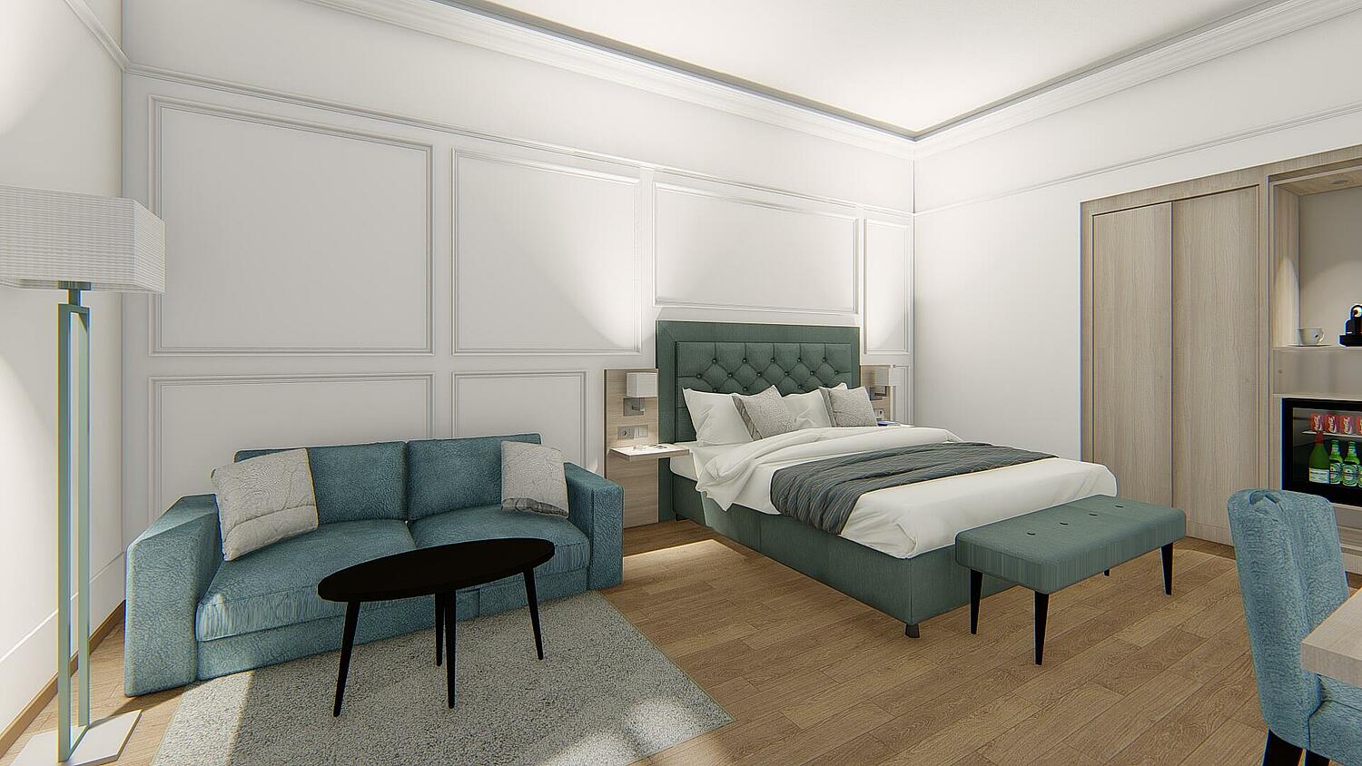 Großes Hotelzimmer mit Doppelbett und ausziehbarer Schlafcouch