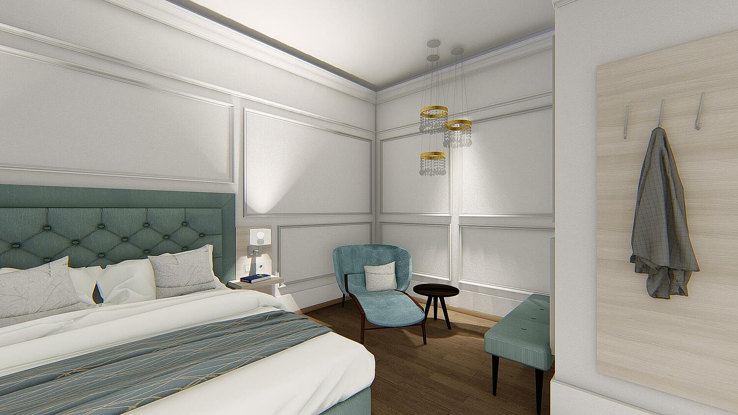 Hotelzimmer mit Doppelbett und Leseecke